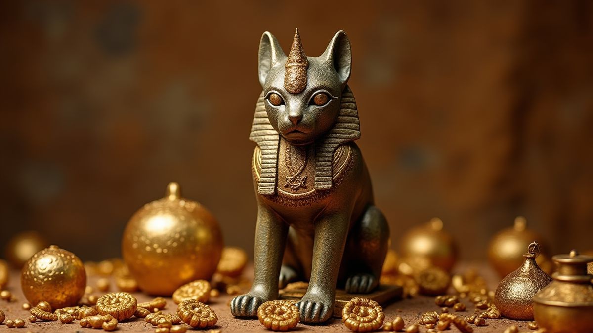 Statue von Bastet umgeben von ägyptischen Goldartefakten.