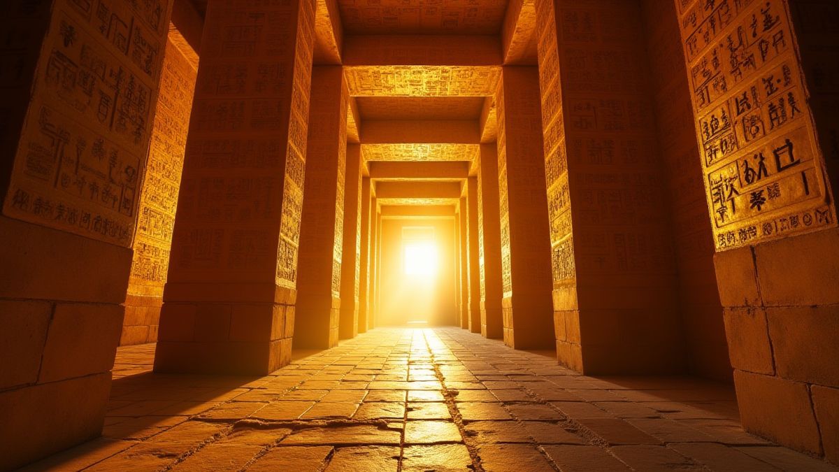 Goldene Wände mit Hieroglyphen in einem geheimnisvollen ägyptischen Tempel.
