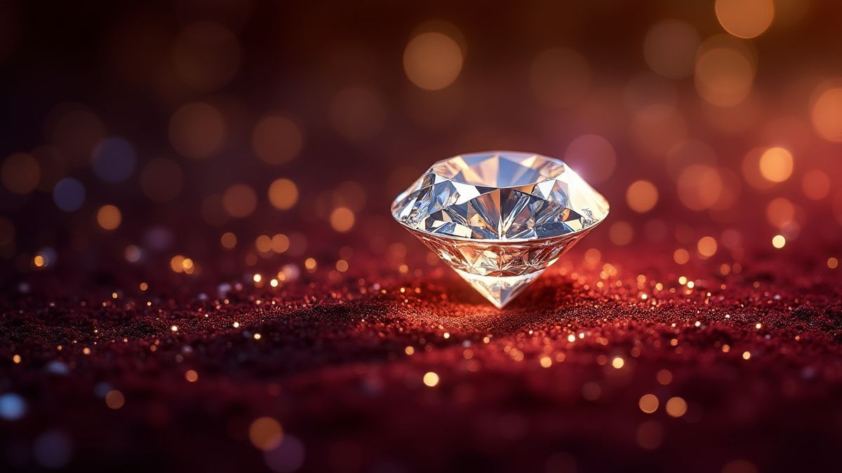 Ein strahlender Diamant umgeben von goldenen Funkeln auf einem Samthintergrund.