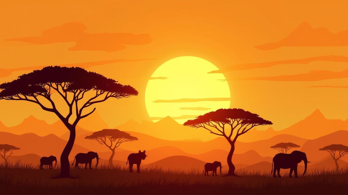 Afrikanische Savanne mit Bäumen und Fauna unter einem goldenen Sonnenuntergang