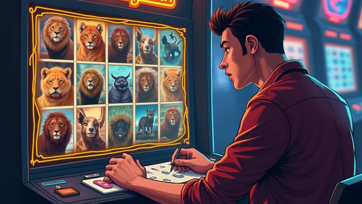Spieler plant Strategien vor einem Spielautomaten mit Wildtierthemen-Symbolen