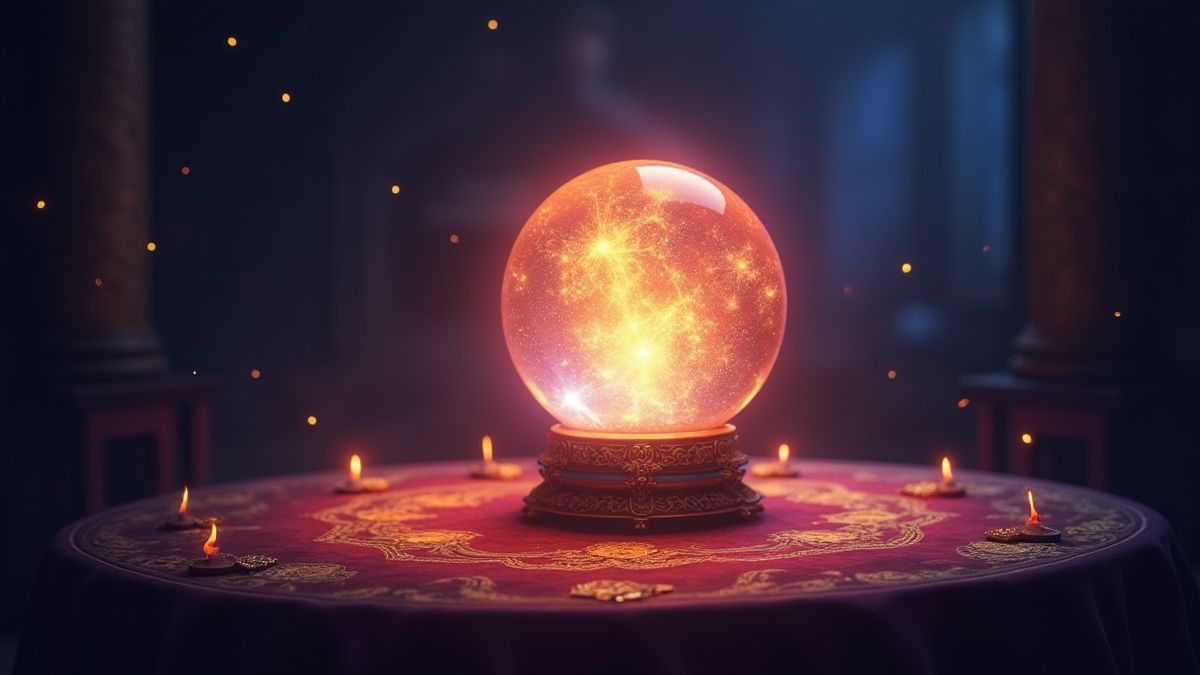 Eine leuchtende Kristallkugel umgeben von hellen magischen Symbolen.
