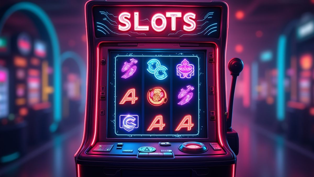 Eine futuristische Spielautomaten mit leuchtenden Symbolen und lebhaften Lichtern.