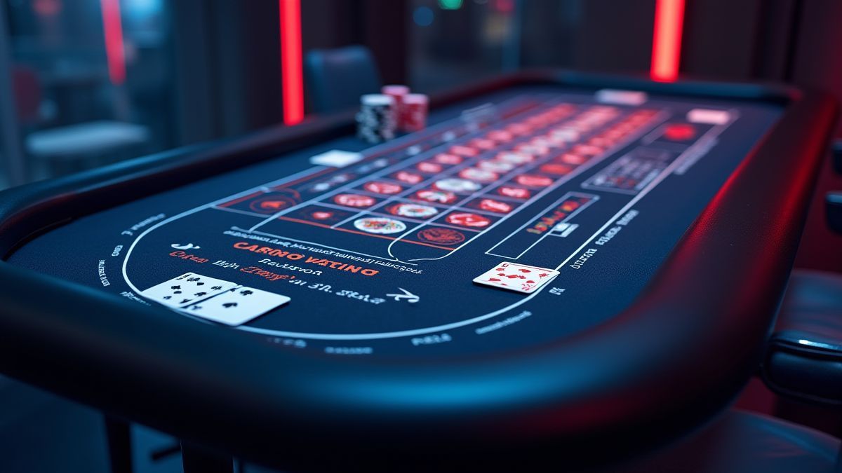 Table de casino futuriste avec cartes et jetons.