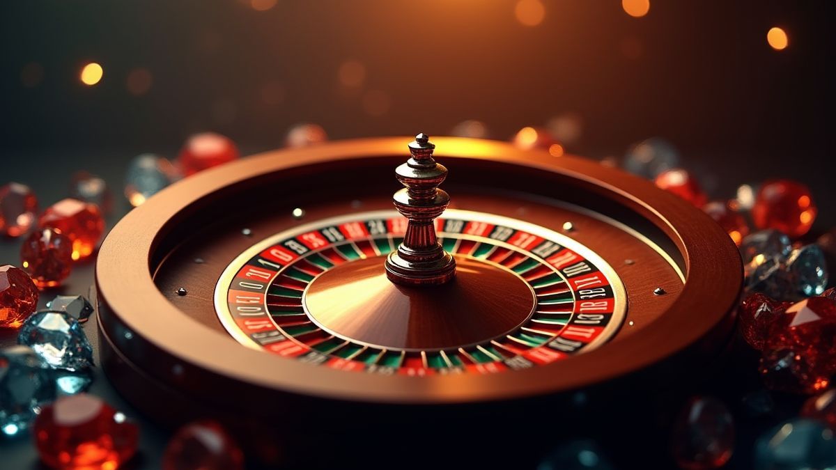 Roulette wheel surrounded by diamond-themed decorations.