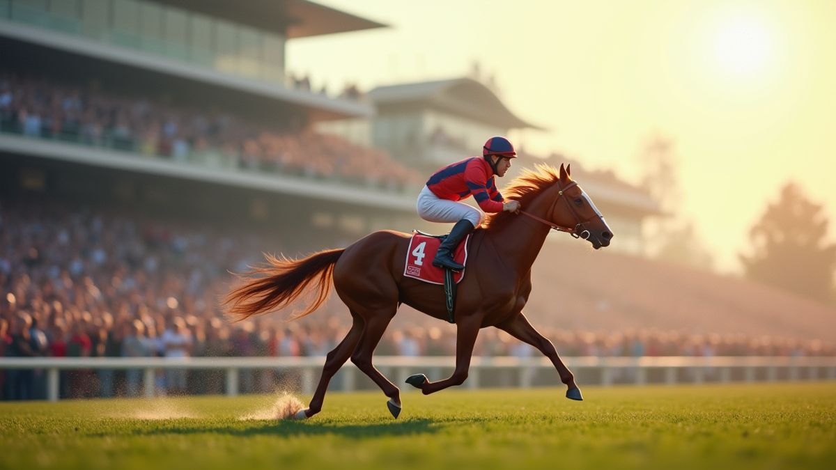 Paard dat op een racebaan trippelt omringd door een enthousiast publiek.
