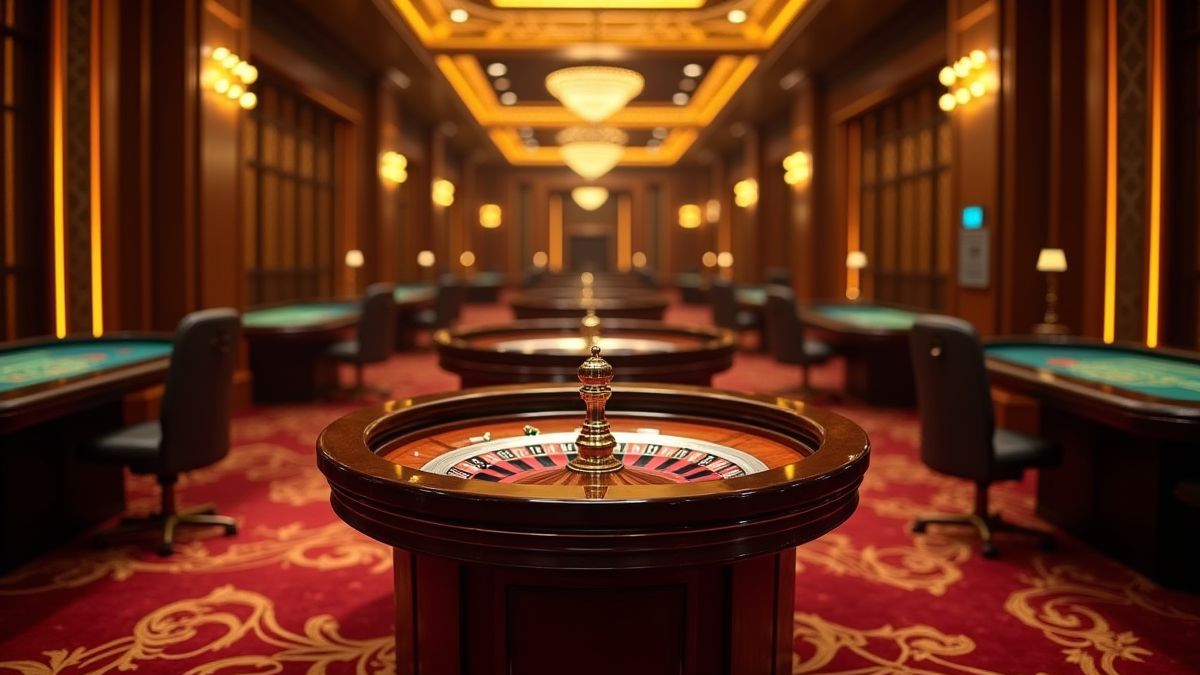 Interieur van een luxe casino met roulette tafel in het midden