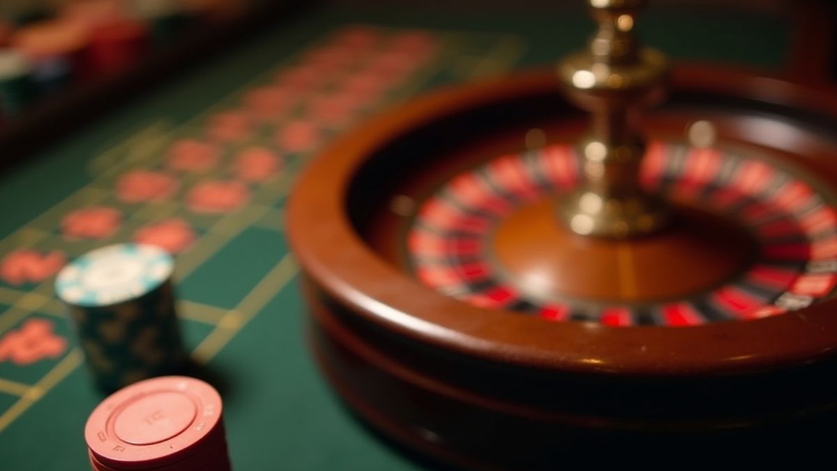 Vista cercana de una rueda de ruleta con fichas en la mesa de apuestas.