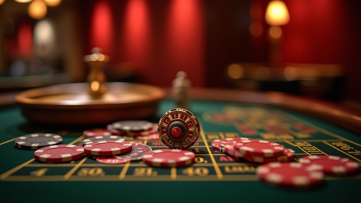 Mesa de ruleta con fichas y bola girando en un casino elegante.