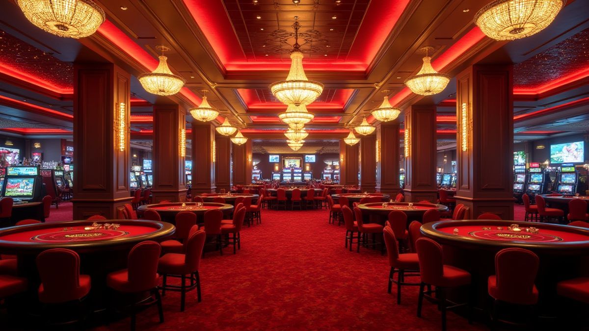 Interior de un casino glamuroso con lámparas de araña y asientos de terciopelo.