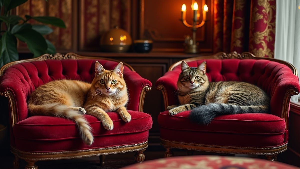 Elegant cats resting on velvet sofas in a luxurious setting.