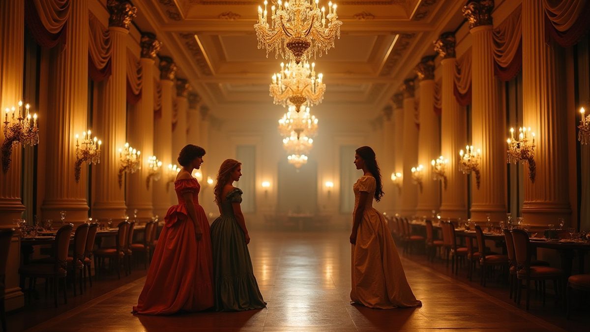 Een balzaal met kroonluchters en kostuums uit de Regency-periode.