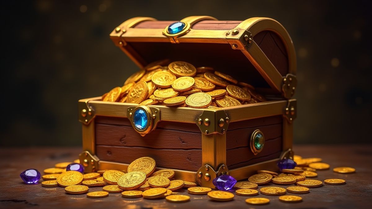 Een schatkist vol met gouden munten en juwelen.
