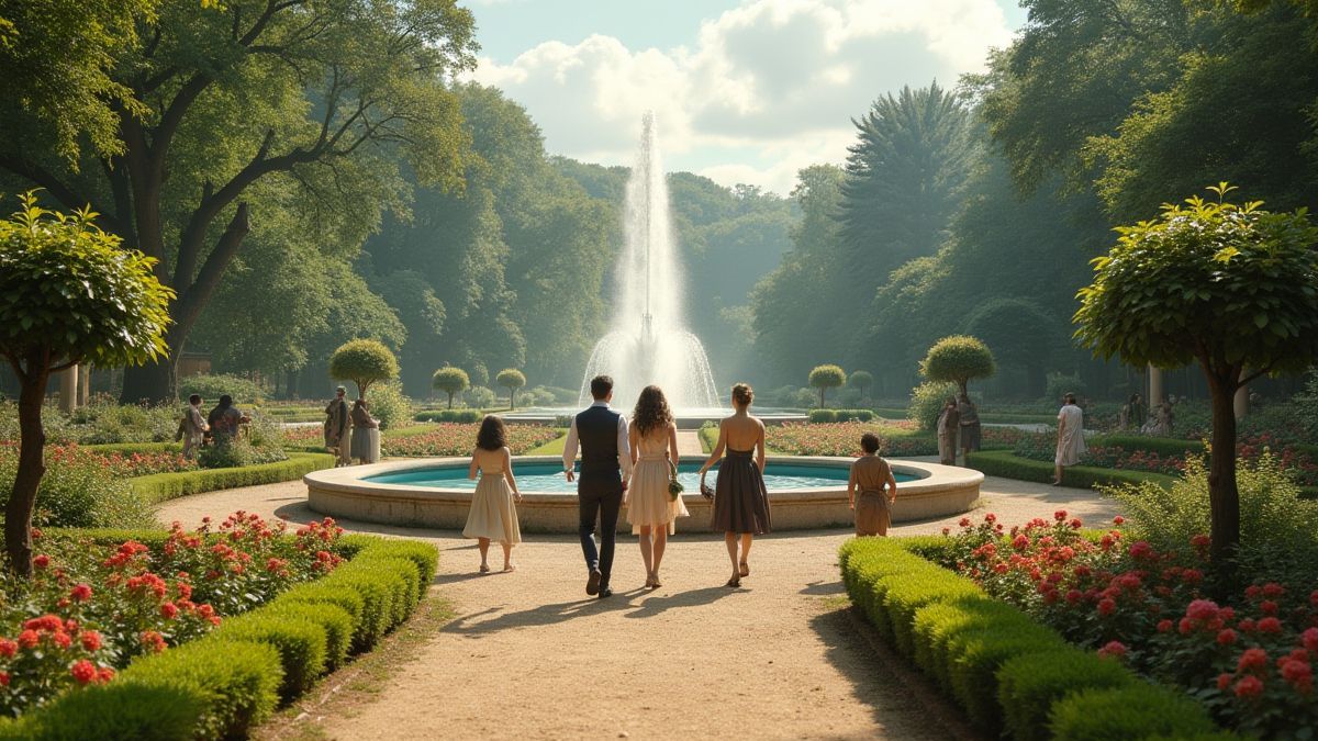 Een weelderige tuin met fonteinen en personages uit de Regency-periode die wandelen.
