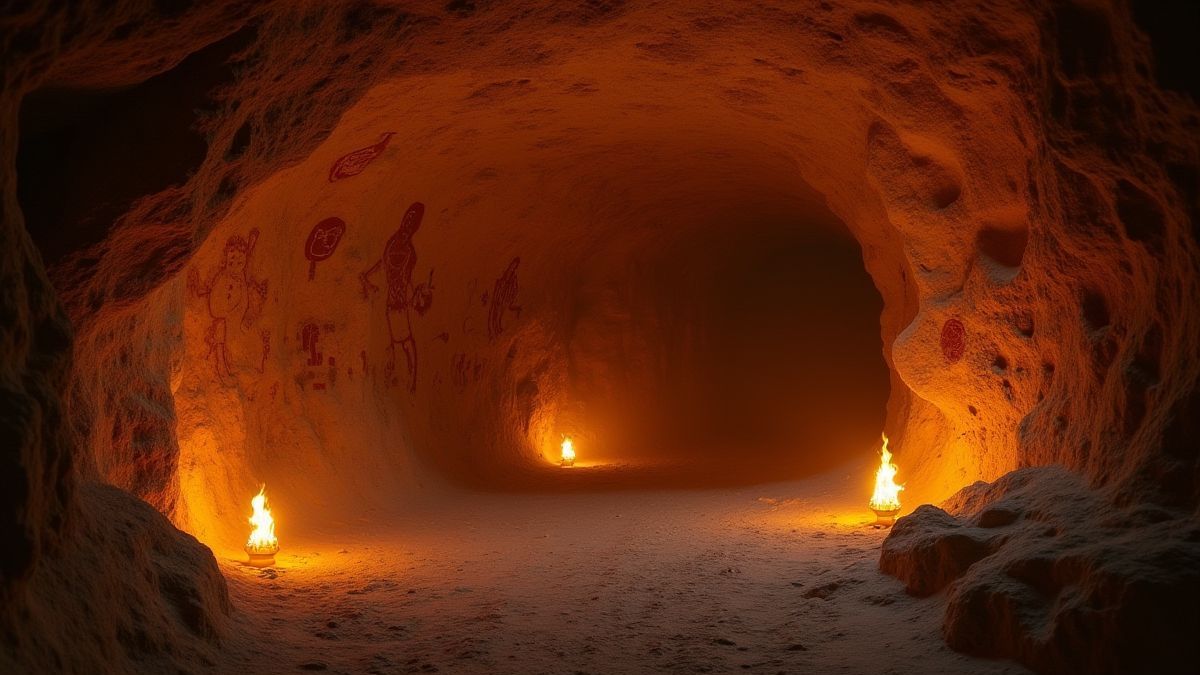 Intérieur d'une caverne préhistorique avec des peintures rupestres et des torches lumineuses.