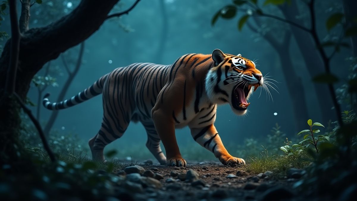 Un tigre à dents de sabre rugissant dans une jungle préhistorique sous un ciel étoilé.