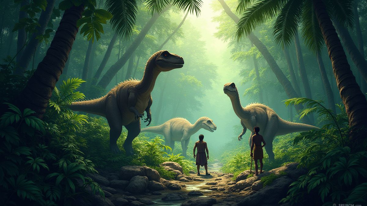Jungle with dinosaurs and primitive hunters hidden.