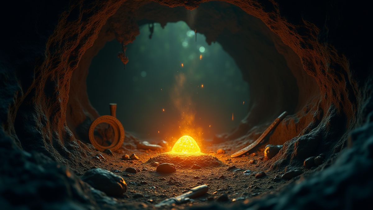 Glowing treasure hidden in a jungle cave with ancient tools.