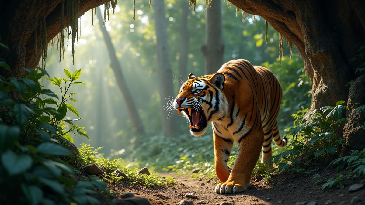 Un tigre dientes de sable rugiendo cerca de una cueva en una jungla prehistórica.