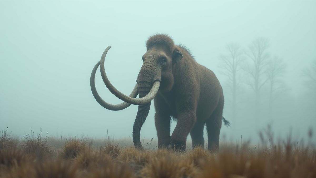 Un majestuoso mamut lanudo en un paisaje prehistórico.