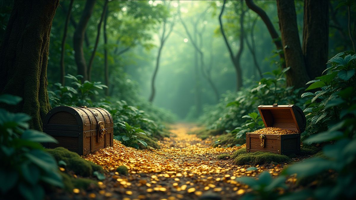 Una jungla densa con monedas doradas esparcidas y cofres del tesoro.