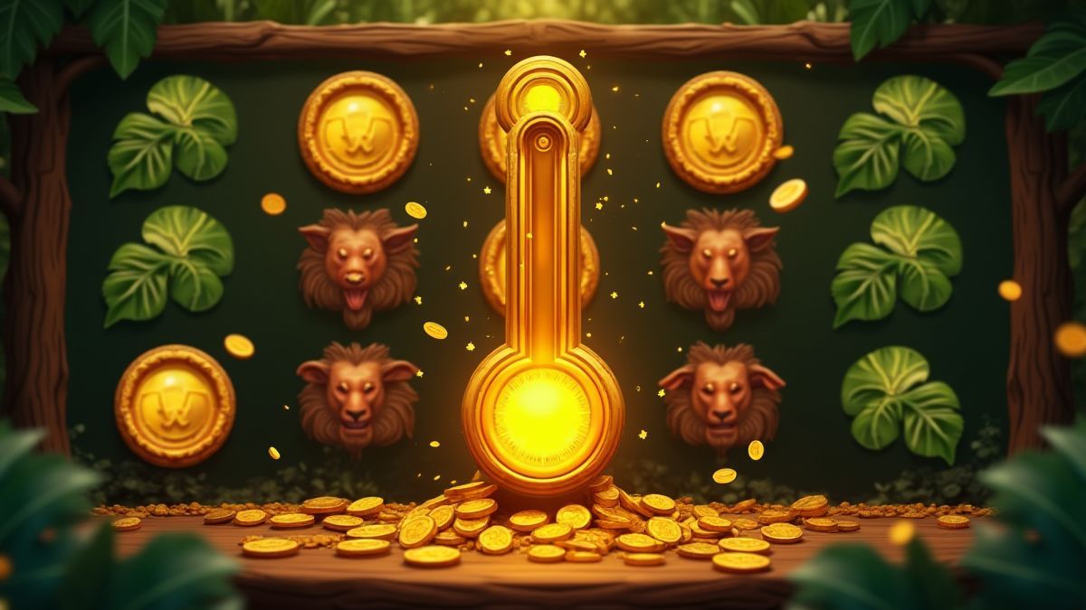 Un medidor dorado junto a carretes temáticos de jungla que brillan mientras se añaden monedas.
