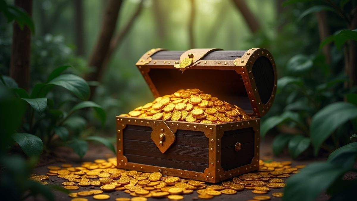 Un cofre del tesoro lleno de monedas doradas en un entorno de jungla.