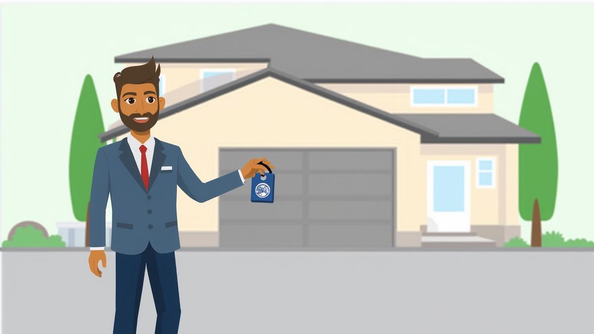 A real estate agent holding keys in front of a modern house.