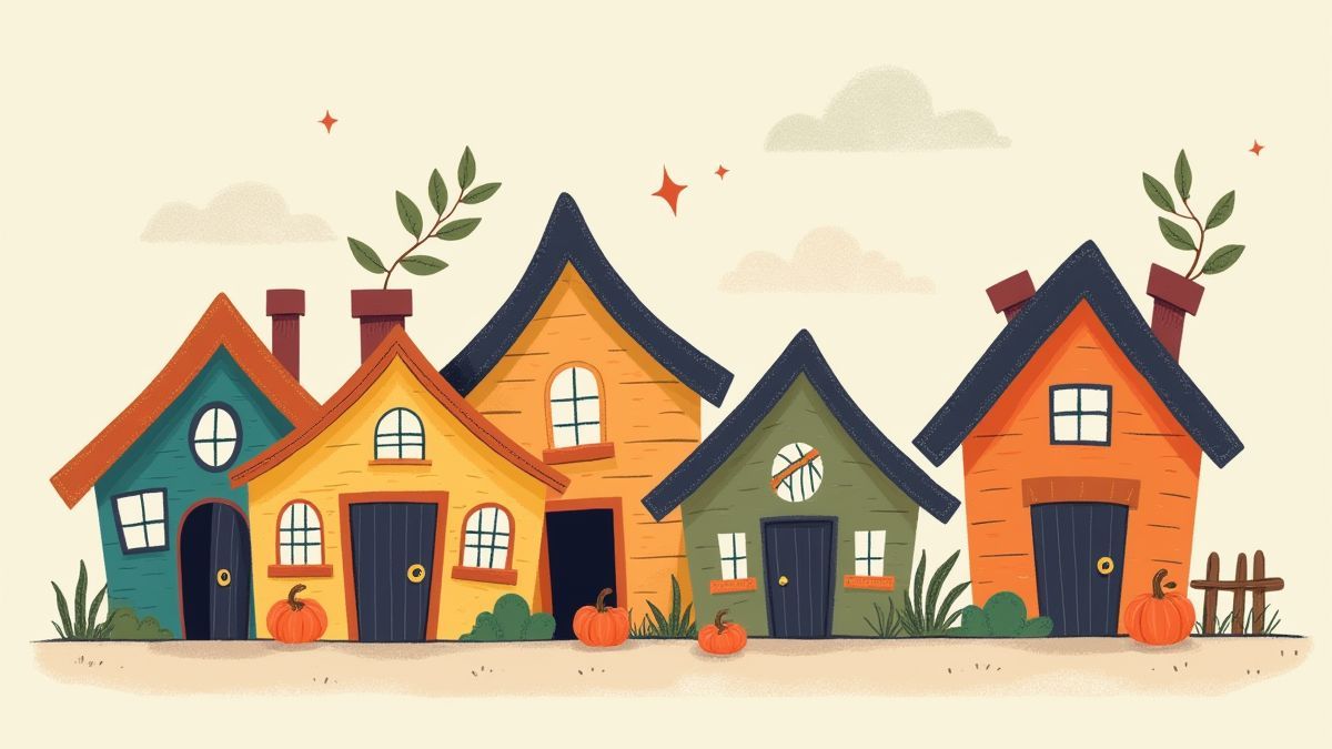 Houses with hidden prizes behind their open doors.