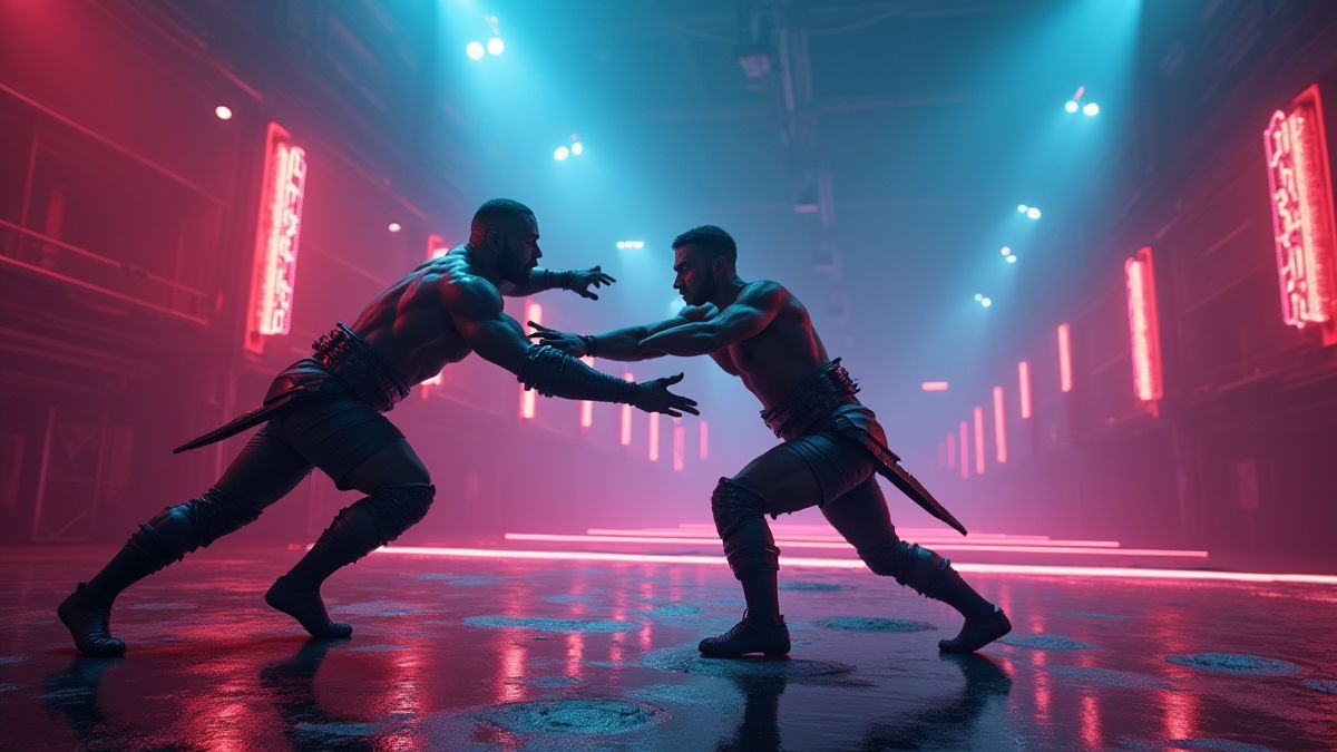 Gladiador futurista em uma arena iluminada.