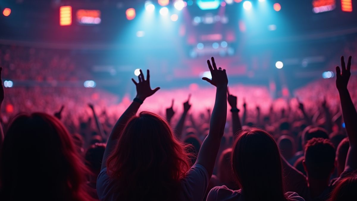 Multidão animando em uma arena futurista.