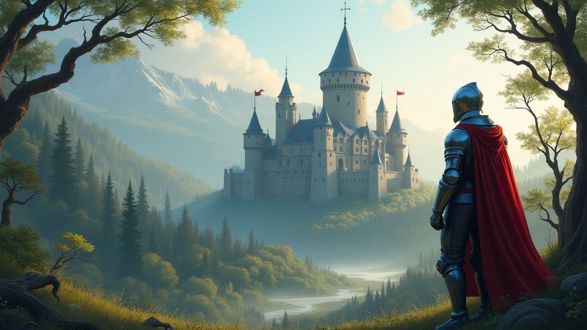 Un caballero medieval frente a un castillo rodeado de bosque.