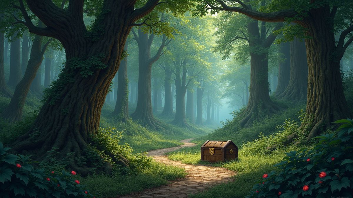 Un bosque medieval con un cofre del tesoro escondido entre los árboles.