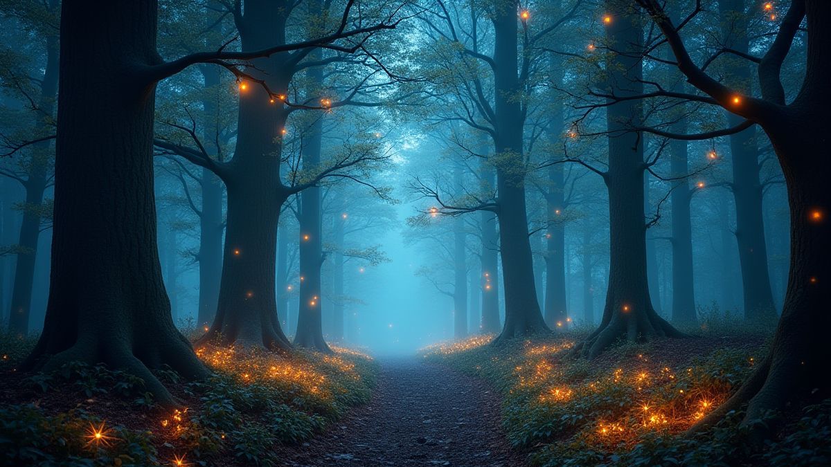 An enchanted forest with sparkling magical lights.