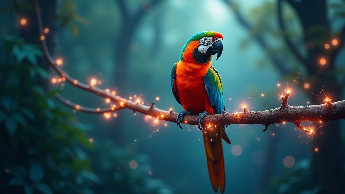 Un ave tropical vibrante en una rama mágica en un bosque encantado.