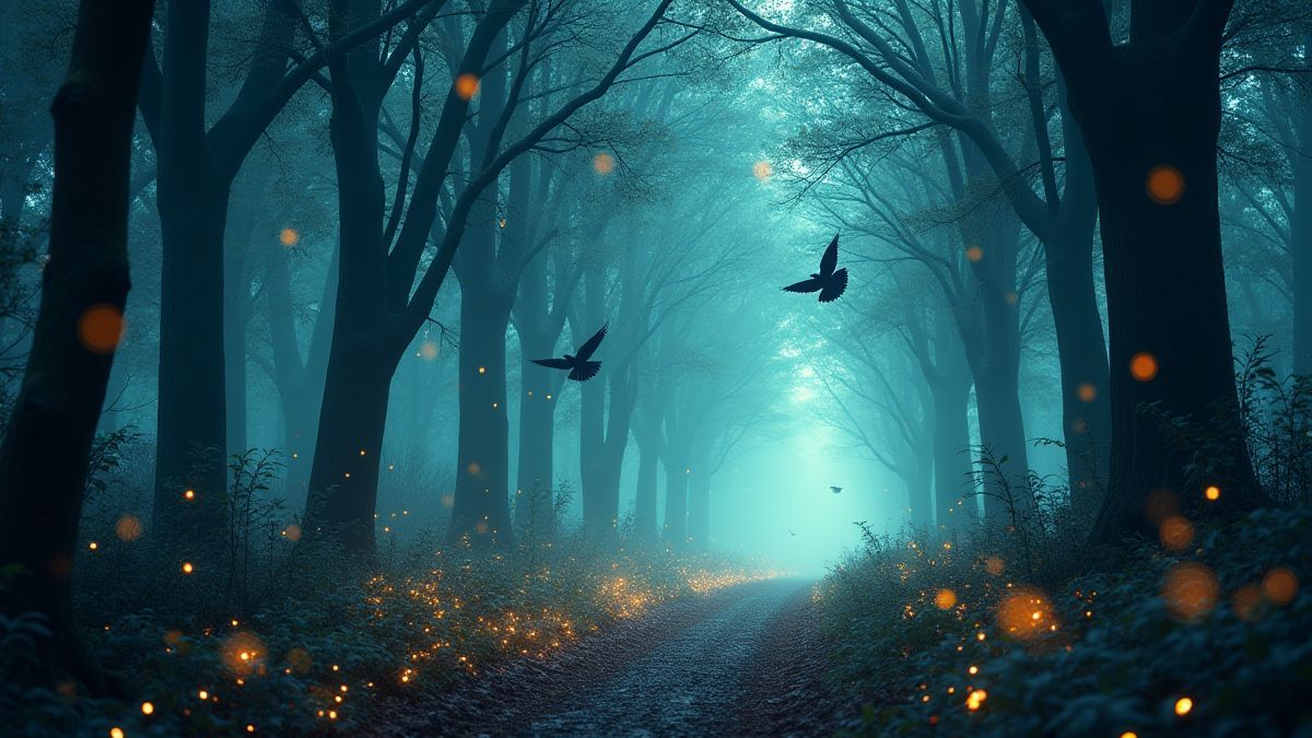 Un bosque mágico con luces brillantes y aves místicas volando.
