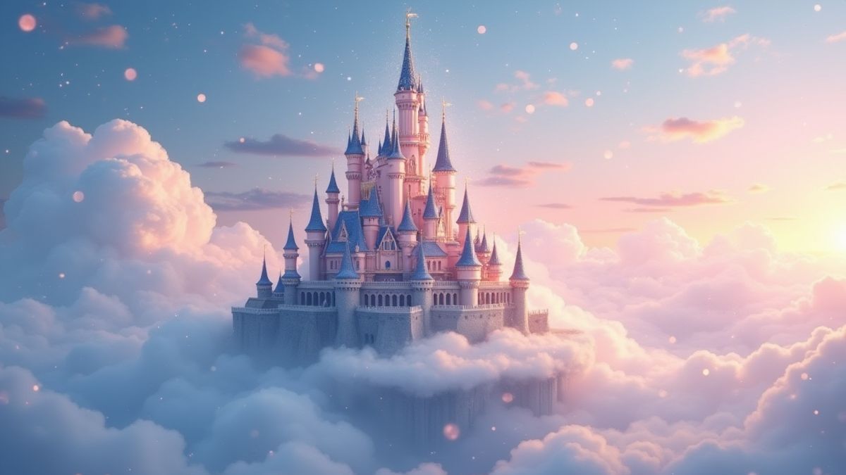 Un castillo flotante en las nubes con destellos mágicos.