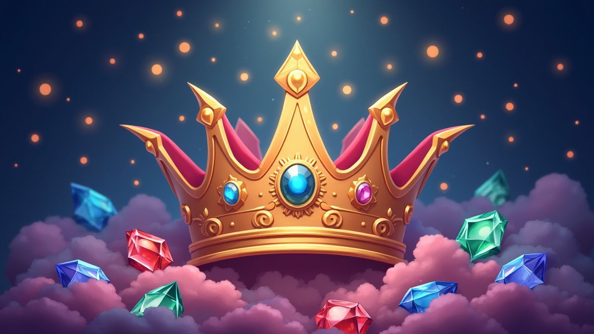 Una corona mágica rodeada de joyas brillantes flotando en el aire.