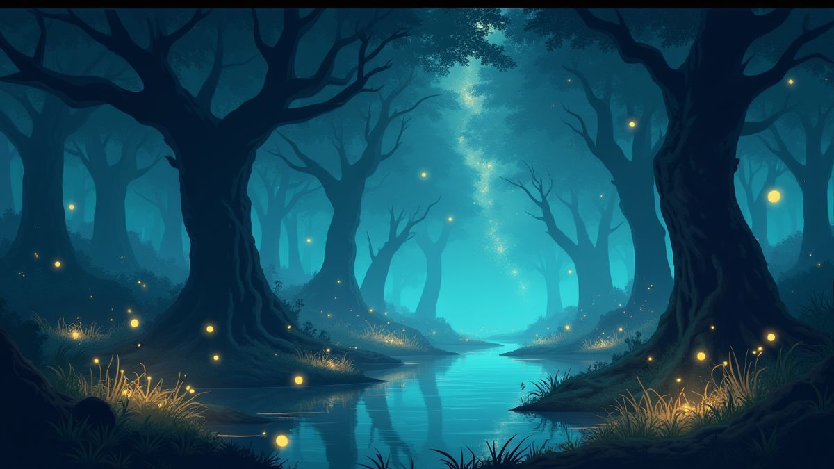 Un pantano mágico con criaturas encantadas y luciérnagas brillantes.