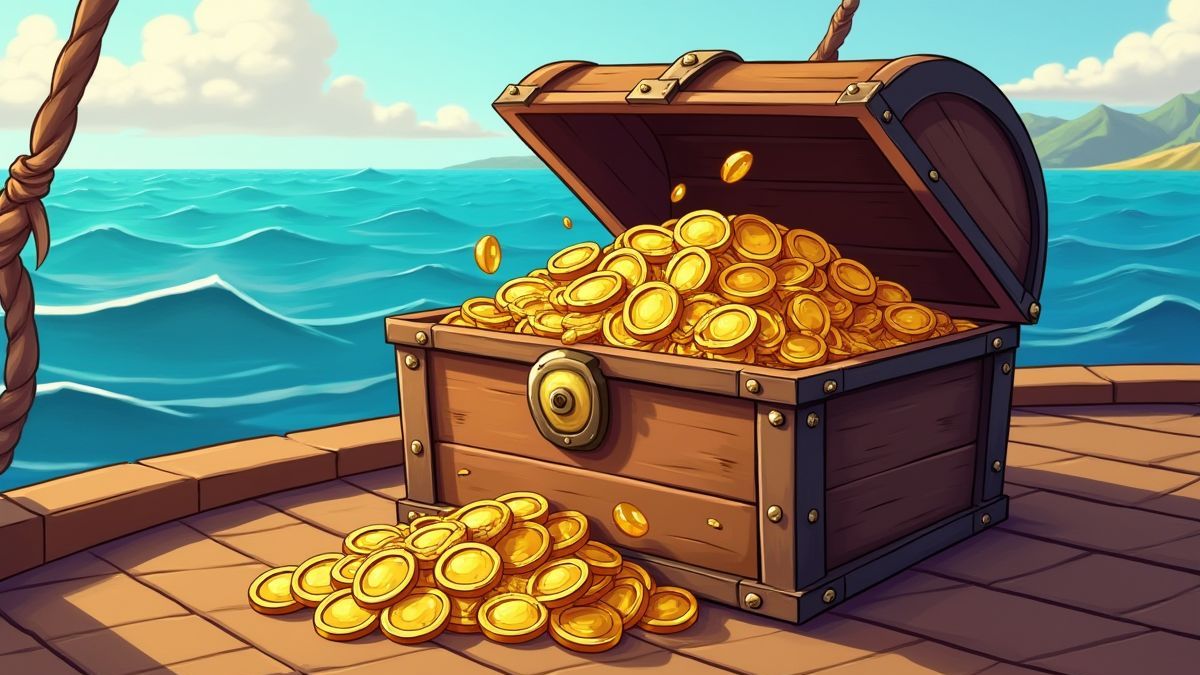 Coffre au trésor rempli de pièces et de bijoux sur un bateau.