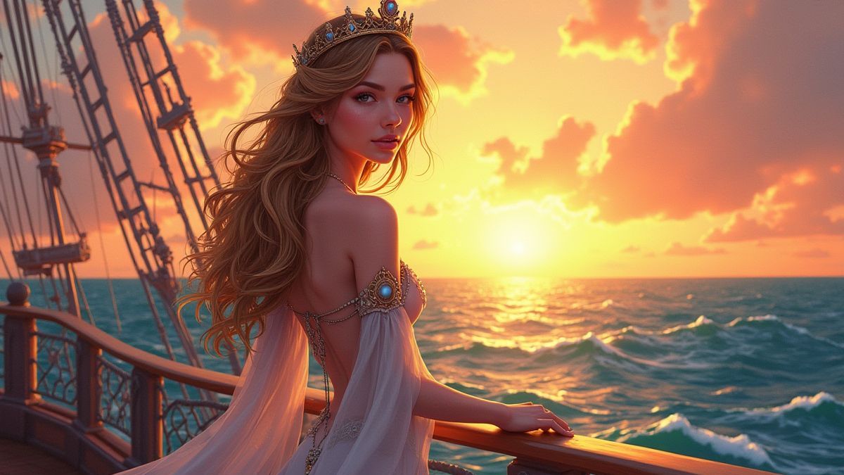 Princesse marine avec couronne sur un bateau au coucher de soleil.
