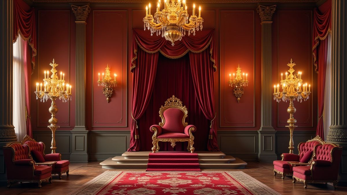 Eleganter Thronsaal mit Kronleuchtern und königlicher Dekoration.