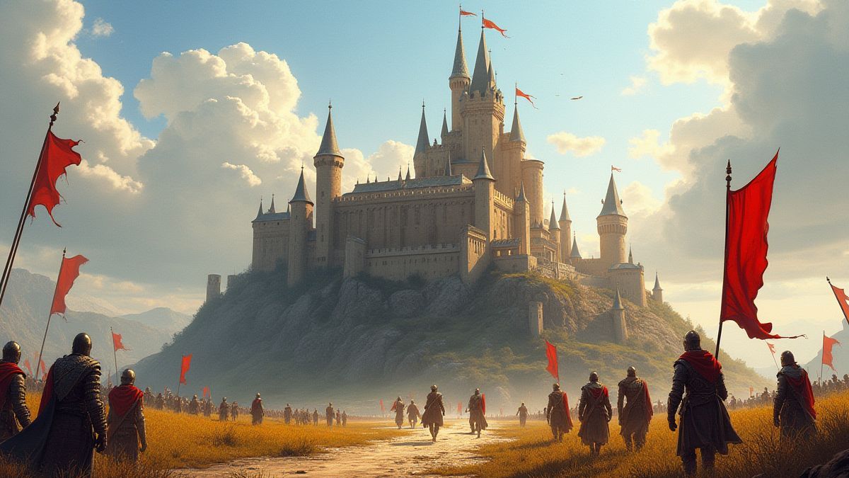 Medieval castle surrounded by knights and banners in a sunny landscape.