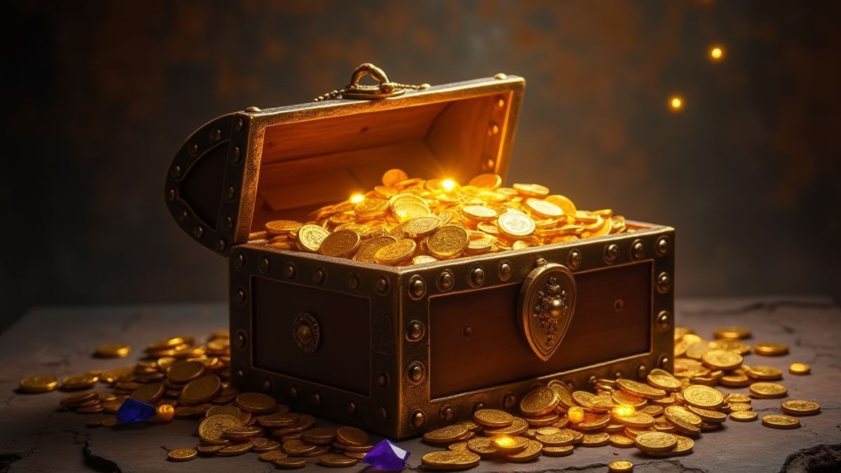 A glowing treasure chest with gold coins and jewels.