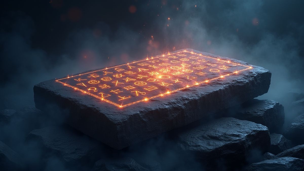 Runas mágicas en una tablilla de piedra rodeadas de niebla.