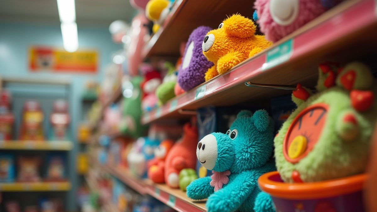 Plank van een dierenwinkel met speelgoed en snacks.
