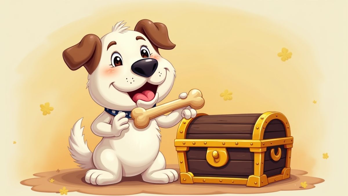 Blije hond met een bot naast een schatkist.