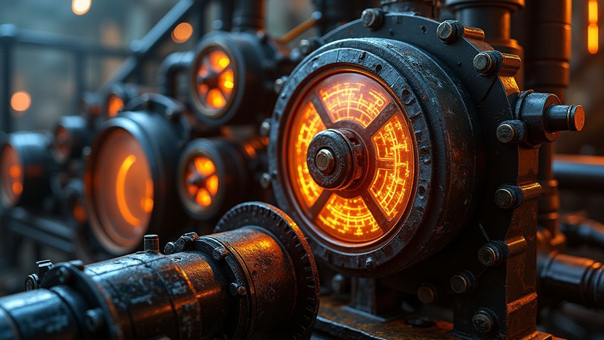 Mâquina futurista estilo steampunk con engranajes y tuberías brillantes.