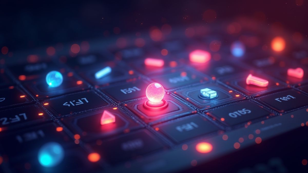 Sîmbolos brillantes cayendo en una cuadrícula futurista.