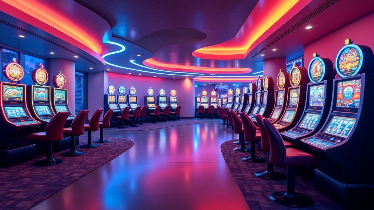 Lobby futurista de un casino con colores vibrantes y máquinas tragamonedas brillantes.